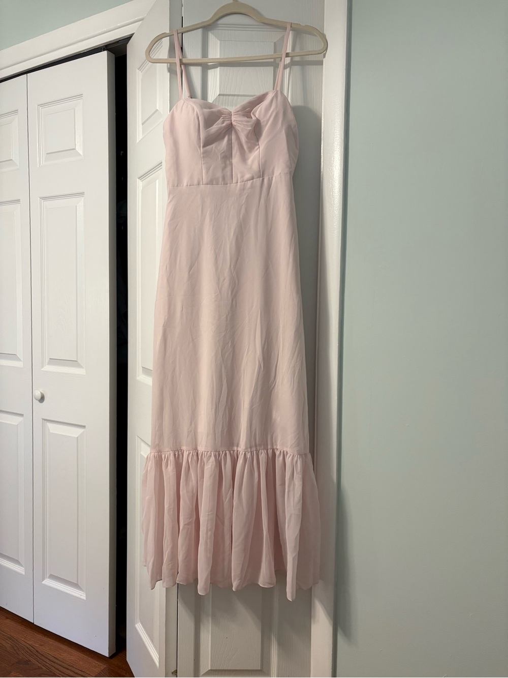 Azazie Light Pink Spaghetti-Strap Maxi Dress with Ruffle Hem